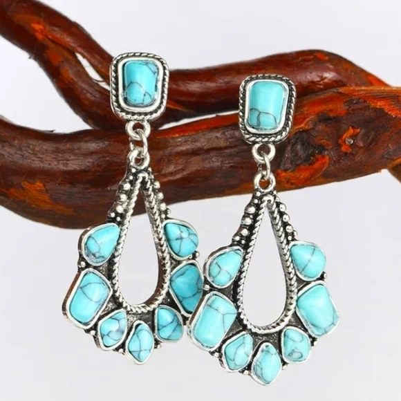 Bohemian Earrings Silver Plated 2" Turquoise Western Jewelry - Picture 2 of 8